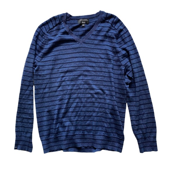 Banana Republic Other - BANANA REPUBLIC Mens Merino Wool Sweater Navy Blue Striped V Neck SZ XL